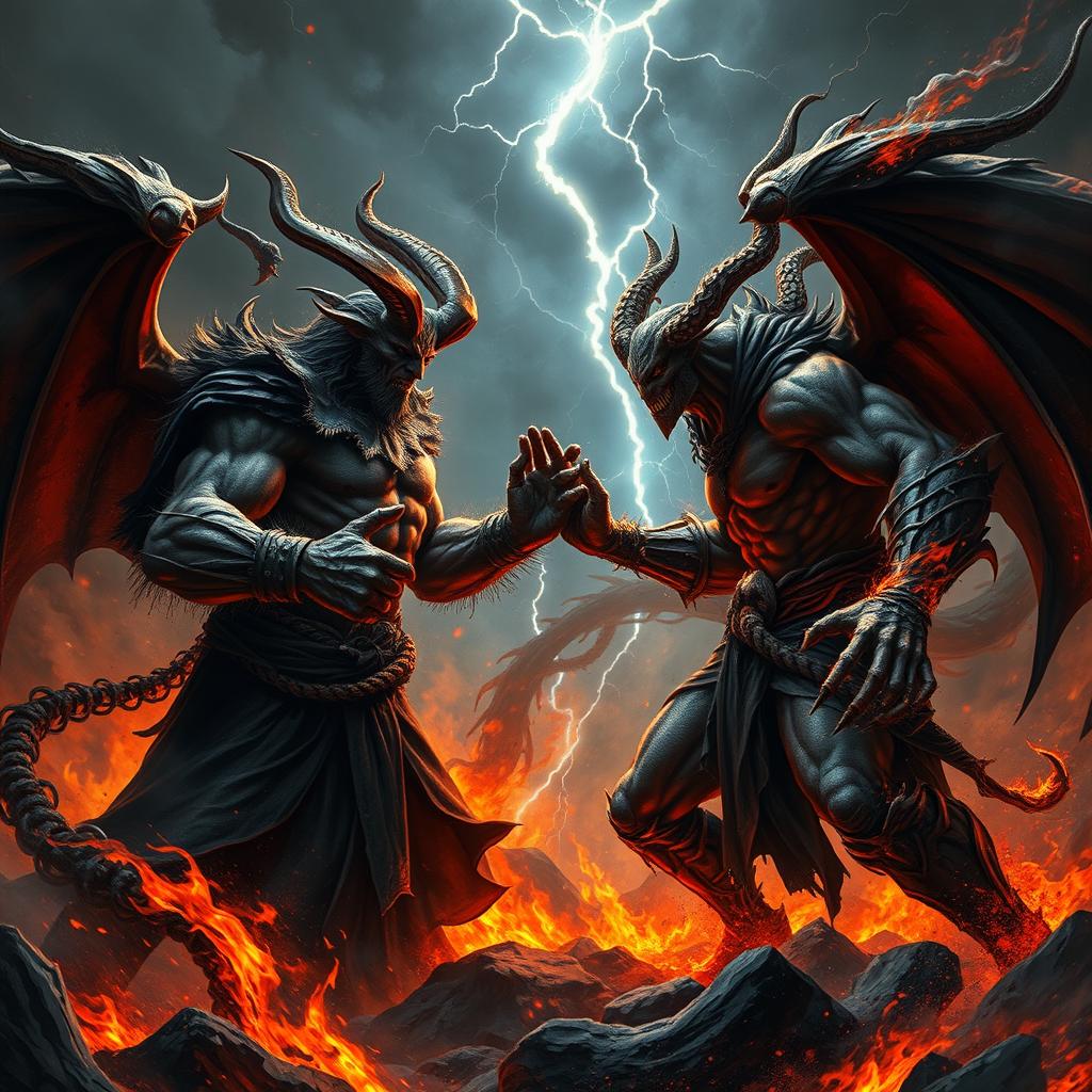 A dramatic and epic confrontation scene set in a dark, fiery landscape where Satan, depicted as a powerful and imposing figure with classic demonic features, is engaged in an intense battle against Shaitan, who is shown with a more chaotic and shadowy appearance