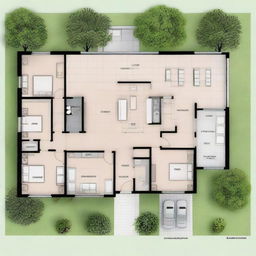 A single-floor small house plan featuring three bedrooms, a kitchen directly connected to the dining room, and a front and back entrance