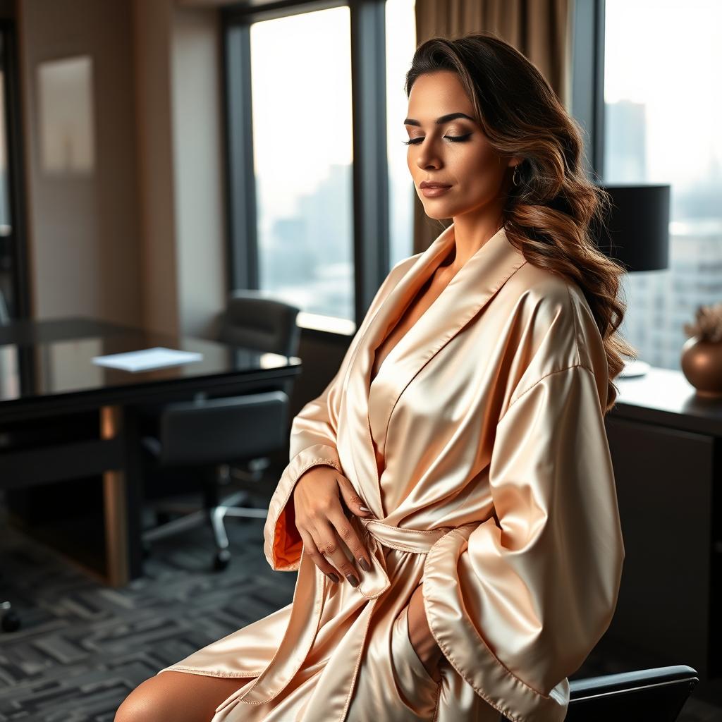 A scene featuring a strikingly beautiful businesswoman in a luxurious robe, exuding a powerful yet serene aura