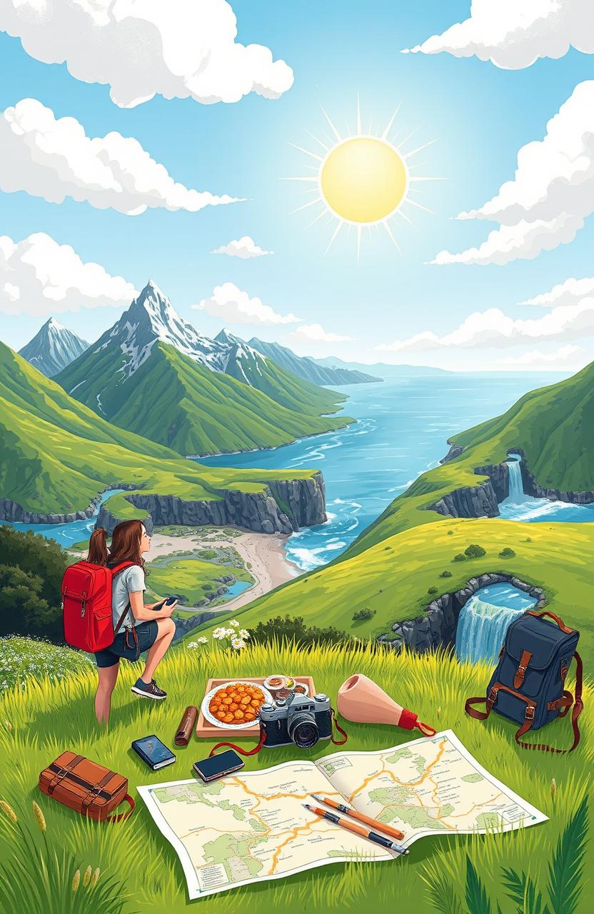 A vibrant travel diary illustration capturing the adventure of two friends exploring New Zealand