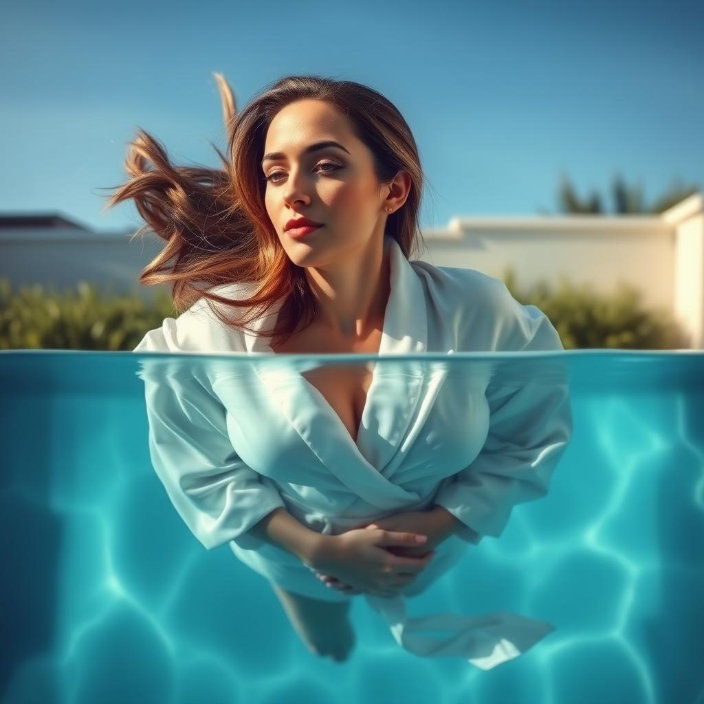 A dramatic scene featuring a strikingly beautiful businesswoman in a luxurious robe, floating gracefully in a serene swimming pool