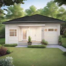 A single-floor small house plan featuring three bedrooms, a kitchen directly connected to the dining room, and a front and back entrance