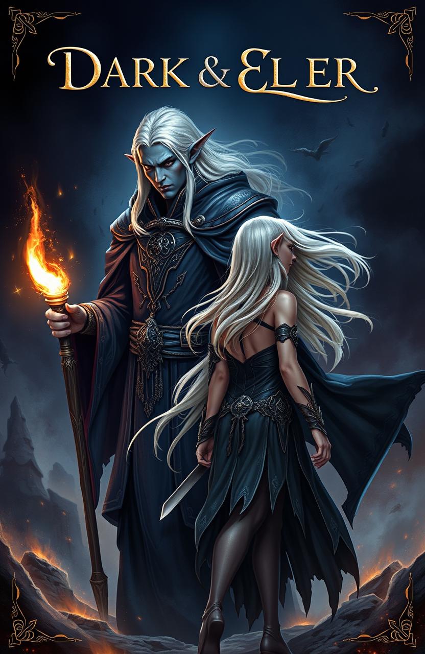 A fantasy book cover featuring a dark elf male magician with deep blue skin and silver hair, wearing intricate dark robes adorned with mystical symbols