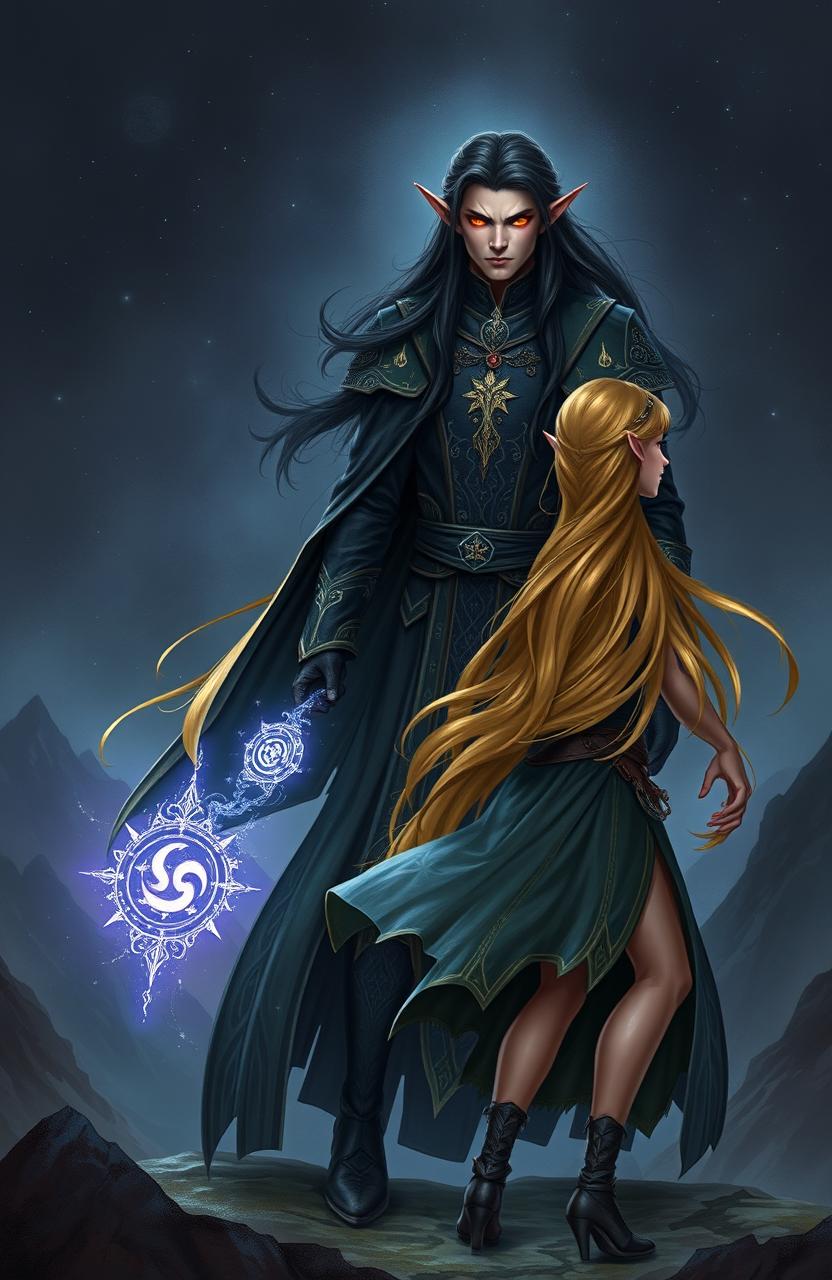 A fantasy book cover featuring a dark elf male magician and a light elf girl robber
