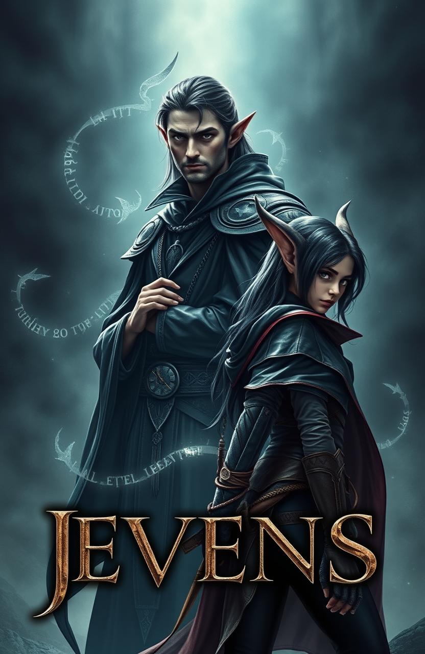 A captivating fantasy book cover showcasing the journey of two elves against a dark, mystical background