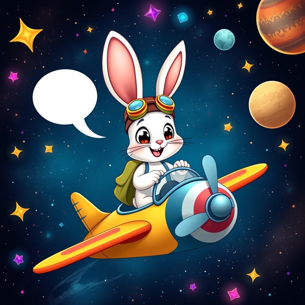 A whimsical scene featuring a cartoon-style talking rabbit, wearing a colorful aviator's cap and goggles, piloting a retro-style airplane in the depths of outer space