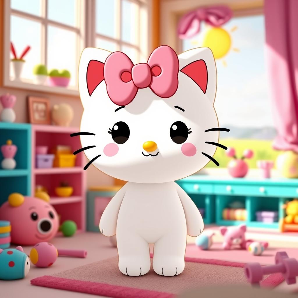 A cute, stylized character resembling a playful feline, similar to Hello Kitty, wearing a cute pink bow and a cheerful expression