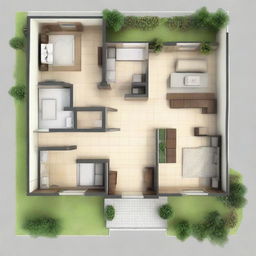 A single-floor small house plan featuring three bedrooms, a kitchen directly connected to the dining room, and a front and back entrance.