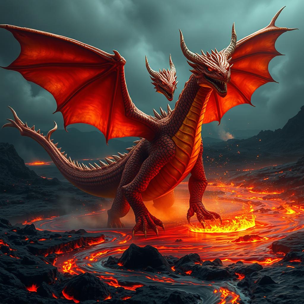A gigantic dragon emerging majestically from a flowing river of lava, its scales glimmering with fiery hues of red, orange, and gold