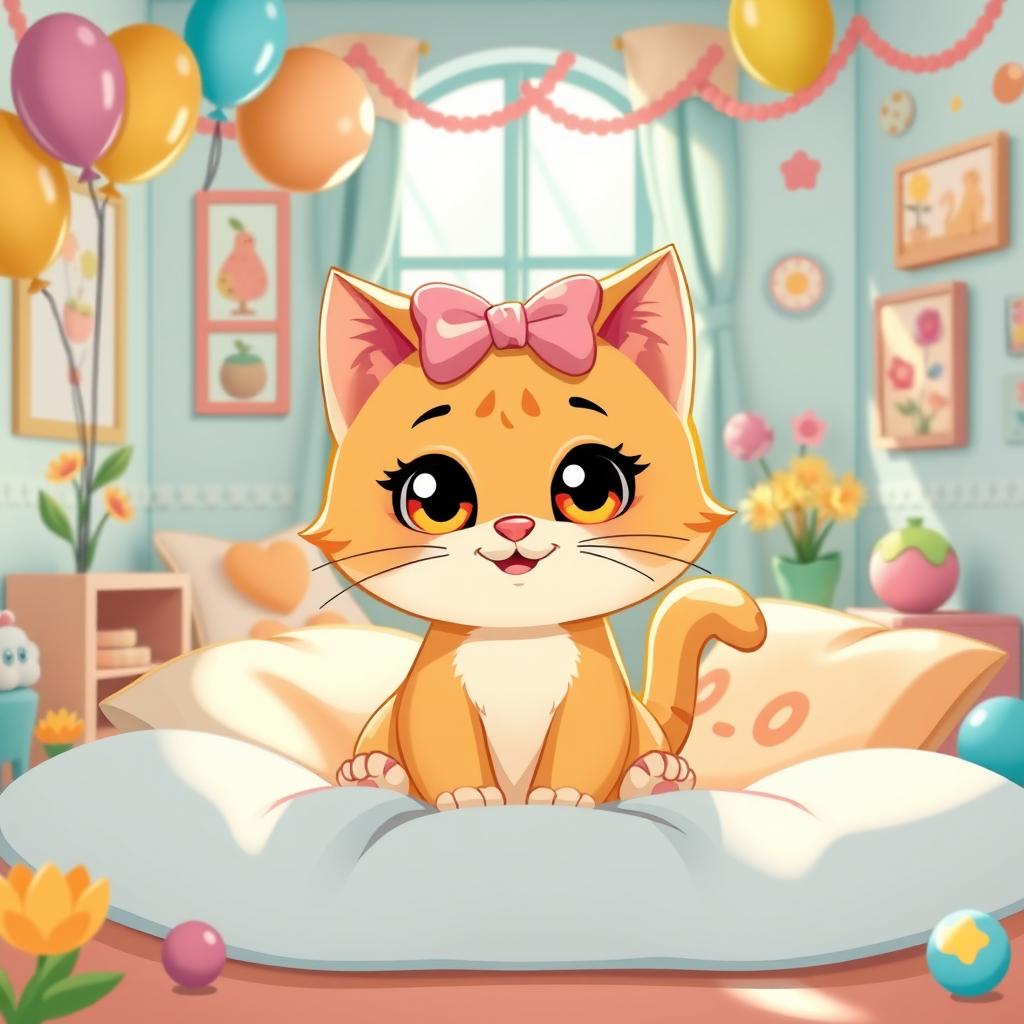 A whimsical, cartoon-style illustration of a cat resembling a cute kitten, with a distinctive bow on its head, sitting in a vibrant, pastel-colored room filled with playful decorations like balloons, flowers, and toys