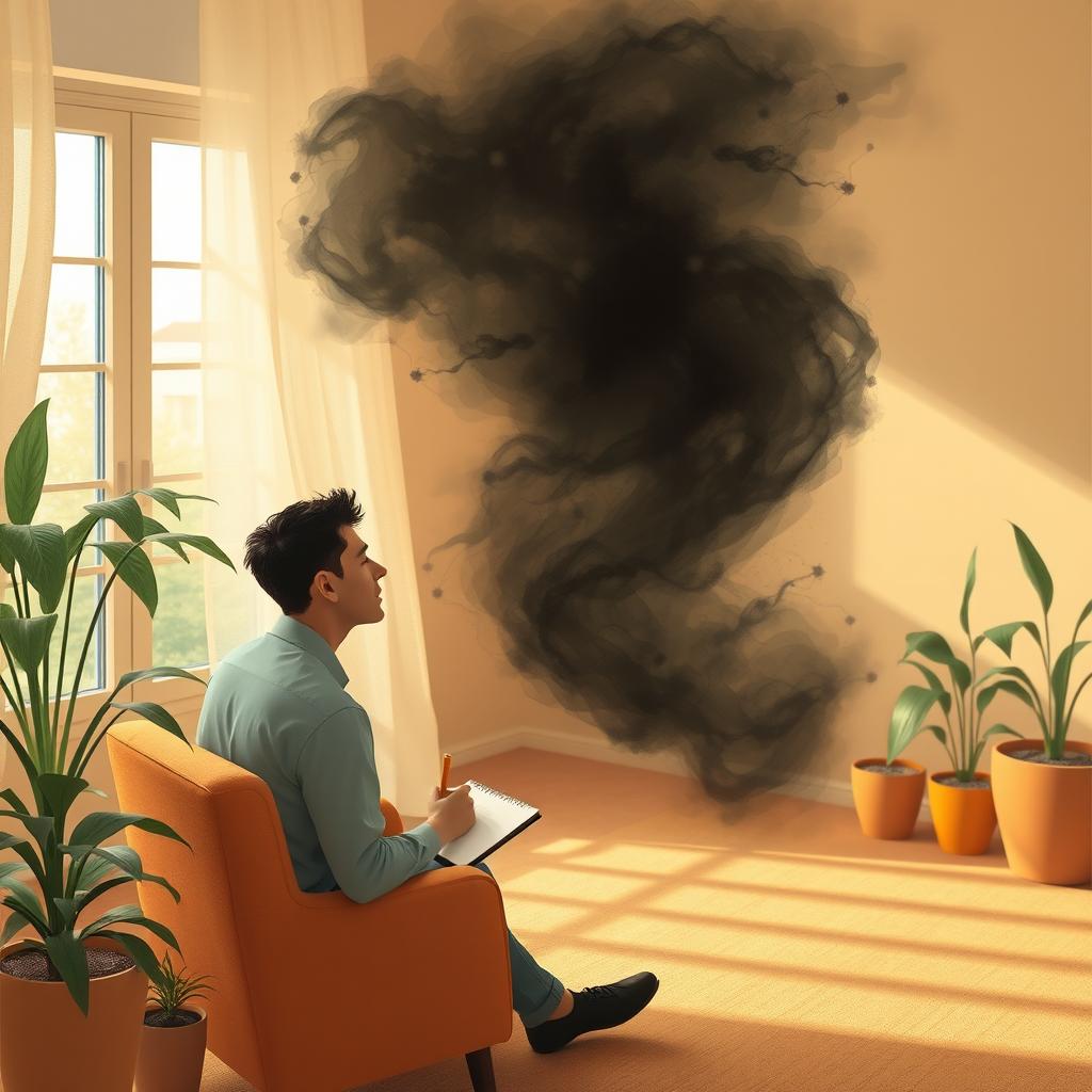 An artistic representation of a person engaged in a deep and introspective conversation with a swirling manifestation of anxiety