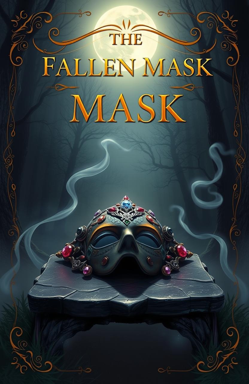 An evocative book cover illustration for 'THE FALLEN MASK', featuring a mysterious, beautifully designed mask lying on an ancient stone altar
