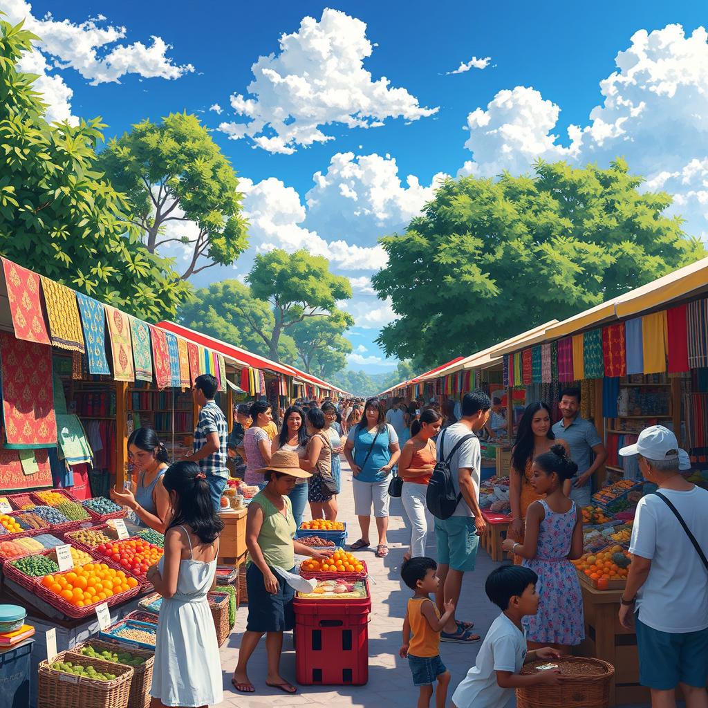 A vibrant art scene showcasing an open-air marketplace filled with colorful stalls displaying handmade crafts, textiles, and local produce