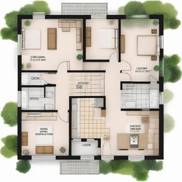 A single-floor small house plan featuring three bedrooms, a kitchen directly connected to the dining room, and a front and back entrance.