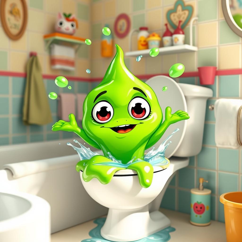 A whimsical scene featuring a vibrant green talking slime character in a cartoonish toilet, playfully popping out of the water