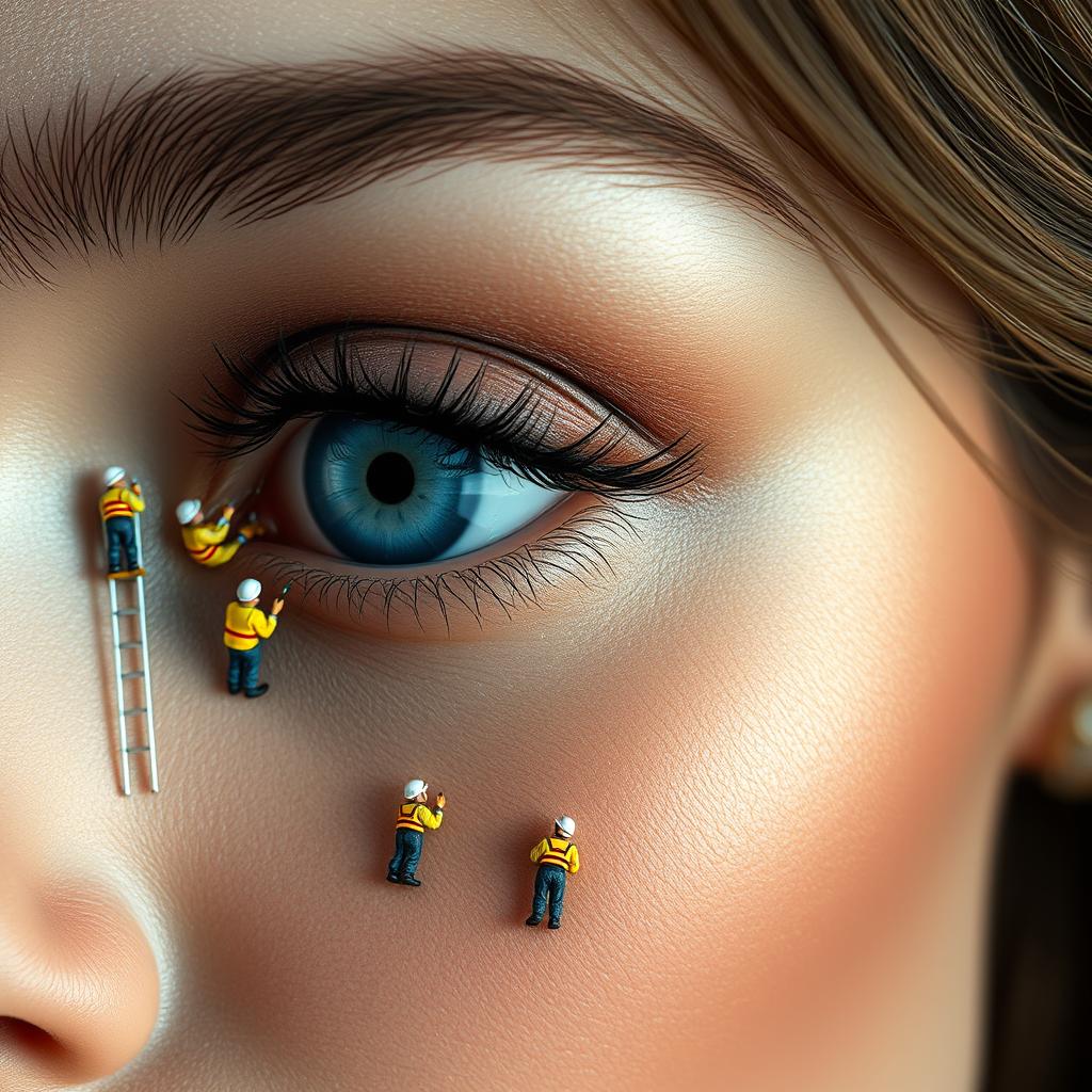 A highly detailed side profile image showcasing an extremely close-up of a face, featuring a large blue eye with intricate details of eyelashes and eyebrow