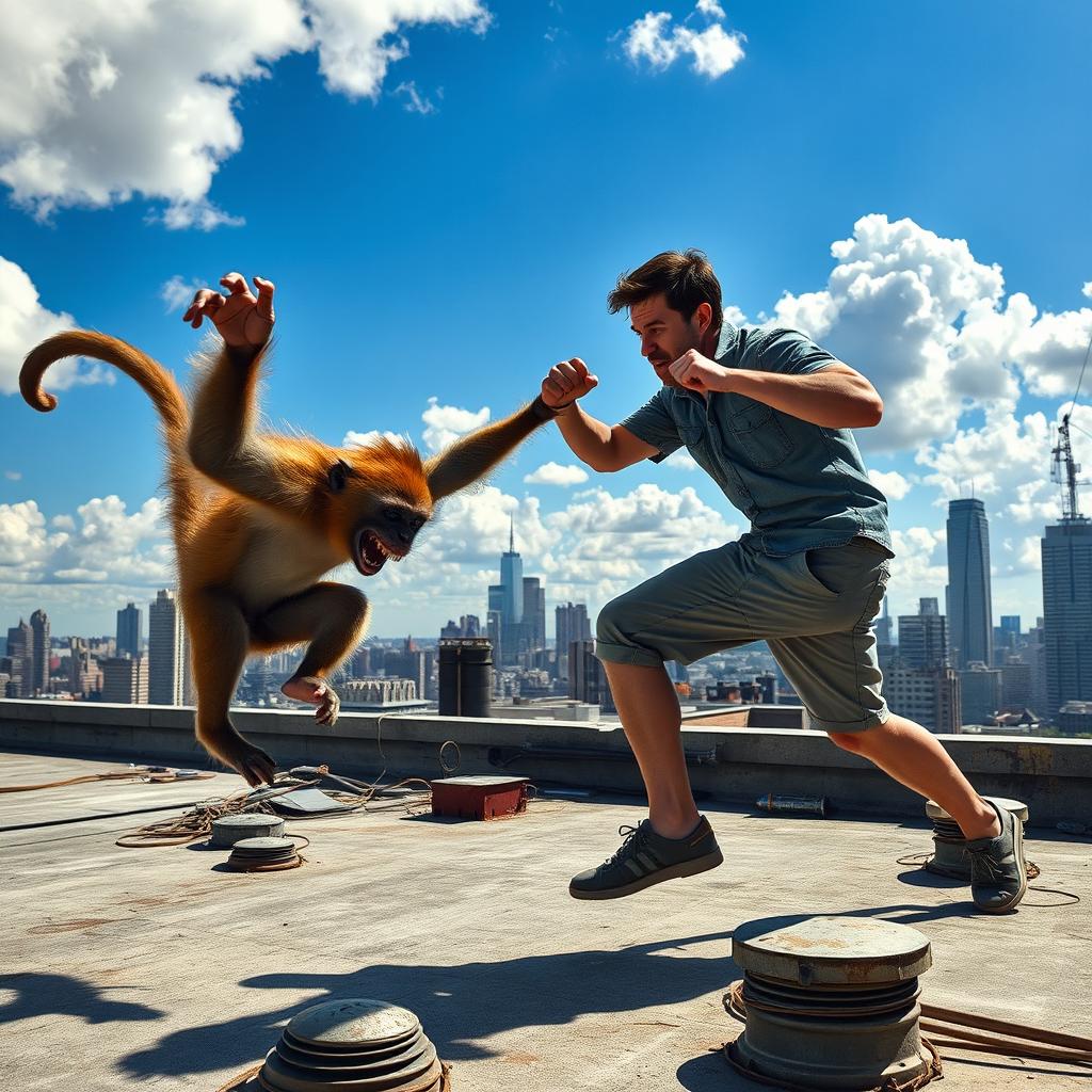 A dramatic scene on a rooftop where an agile monkey and a determined human are engaged in an intense battle