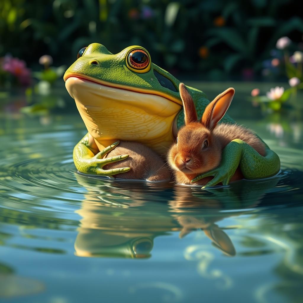 A surreal scene depicting a large frog sitting in a tranquil pond, leisurely eating a small rabbit