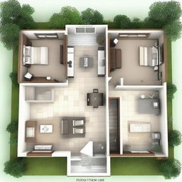 A single-floor small house plan featuring three bedrooms, a kitchen directly connected to the dining room, and a front and back entrance.