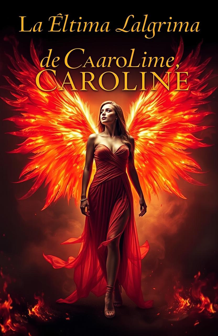 A stunning woman with magnificent, fiery wings that seem to glow with flames