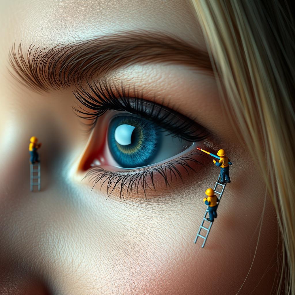A highly detailed side profile image showing an extreme close-up of a large blue eye with intricate details of eyelashes and eyebrows