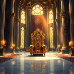 A magnificent royal throne room depicted in a detailed digital painting style for a fantasy novel cover
