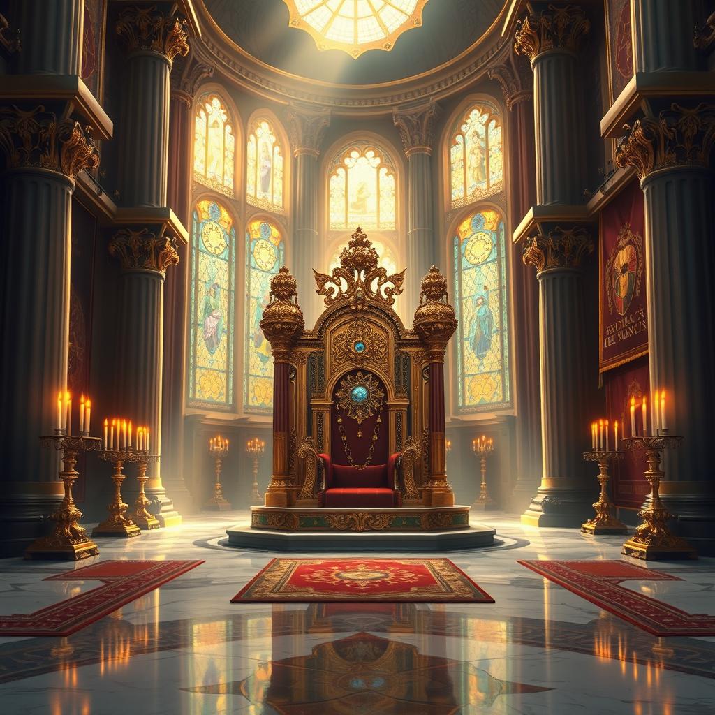 A magnificent royal throne room depicted in a detailed digital painting style for a fantasy novel cover