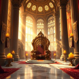 A magnificent royal throne room depicted in a detailed digital painting style for a fantasy novel cover