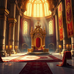 A magnificent royal throne room depicted in a detailed digital painting style for a fantasy novel cover