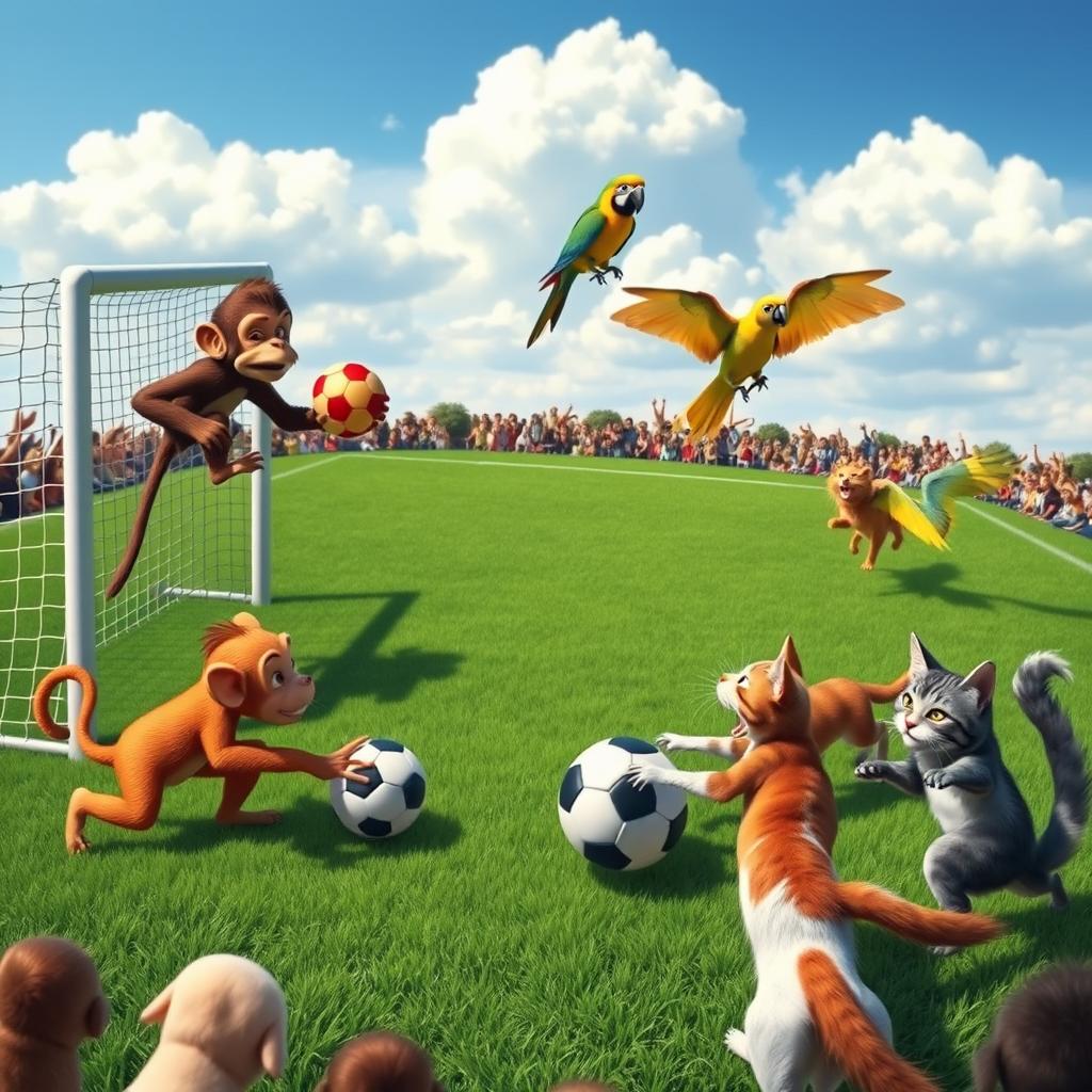 A vibrant scene depicting a variety of playful animals engaging in a game of football on an expansive green pitch covered with luscious grass