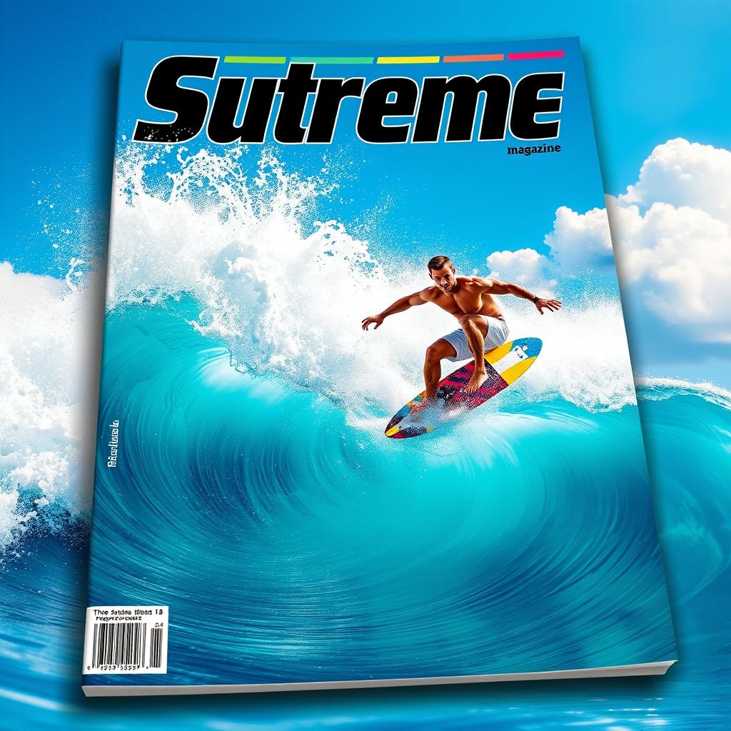 A dynamic and action-packed magazine cover featuring a surfer riding a massive, powerful wave