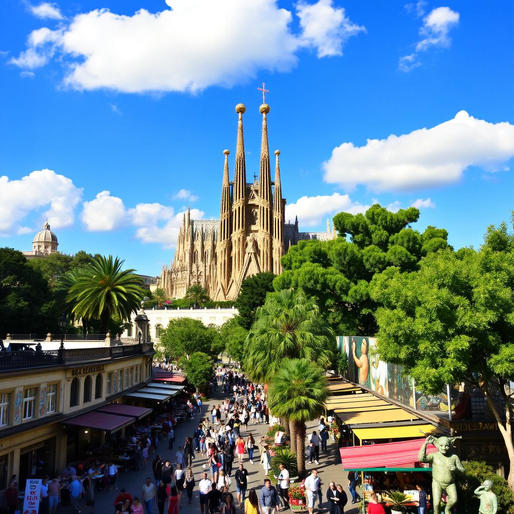 A stunning view of Barcelona showcasing its iconic architecture, vibrant street life, and beautiful parks