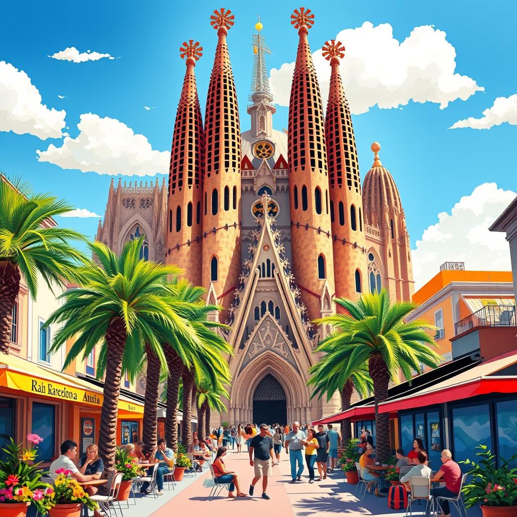 A vibrant and colorful illustration of Barcelona, showcasing the iconic Sagrada Familia in the background with its intricate architecture