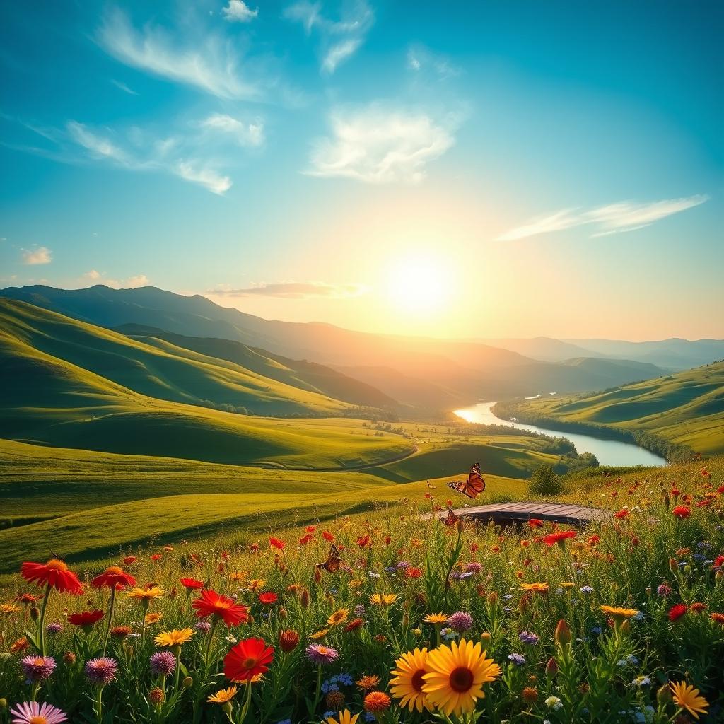 A serene landscape depicting a lush green valley under a bright blue sky, featuring rolling hills and a meandering river reflecting the sunlight