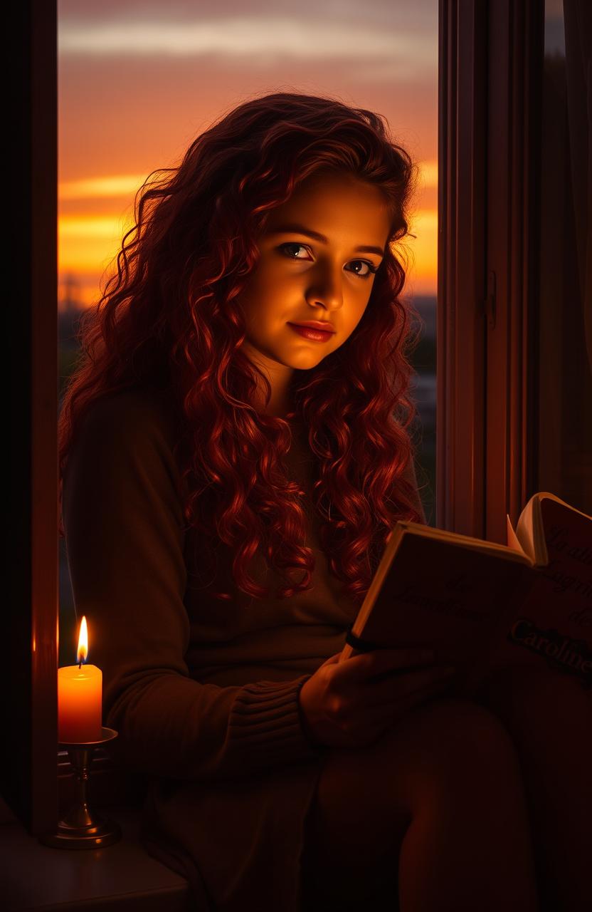 A girl with long, curly red hair sitting in a window during sunset, holding a diary in her hand