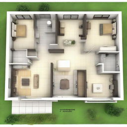 A single-floor small house plan featuring three bedrooms, a kitchen directly connected to the dining room, and a front and back entrance.