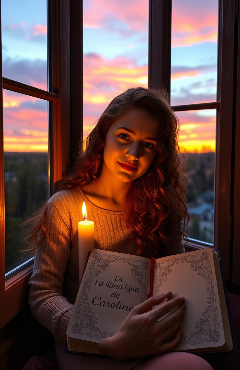 A girl with long, curly red hair sitting by a window during sunset, holding a diary titled 'La última lágrima de Caroline'