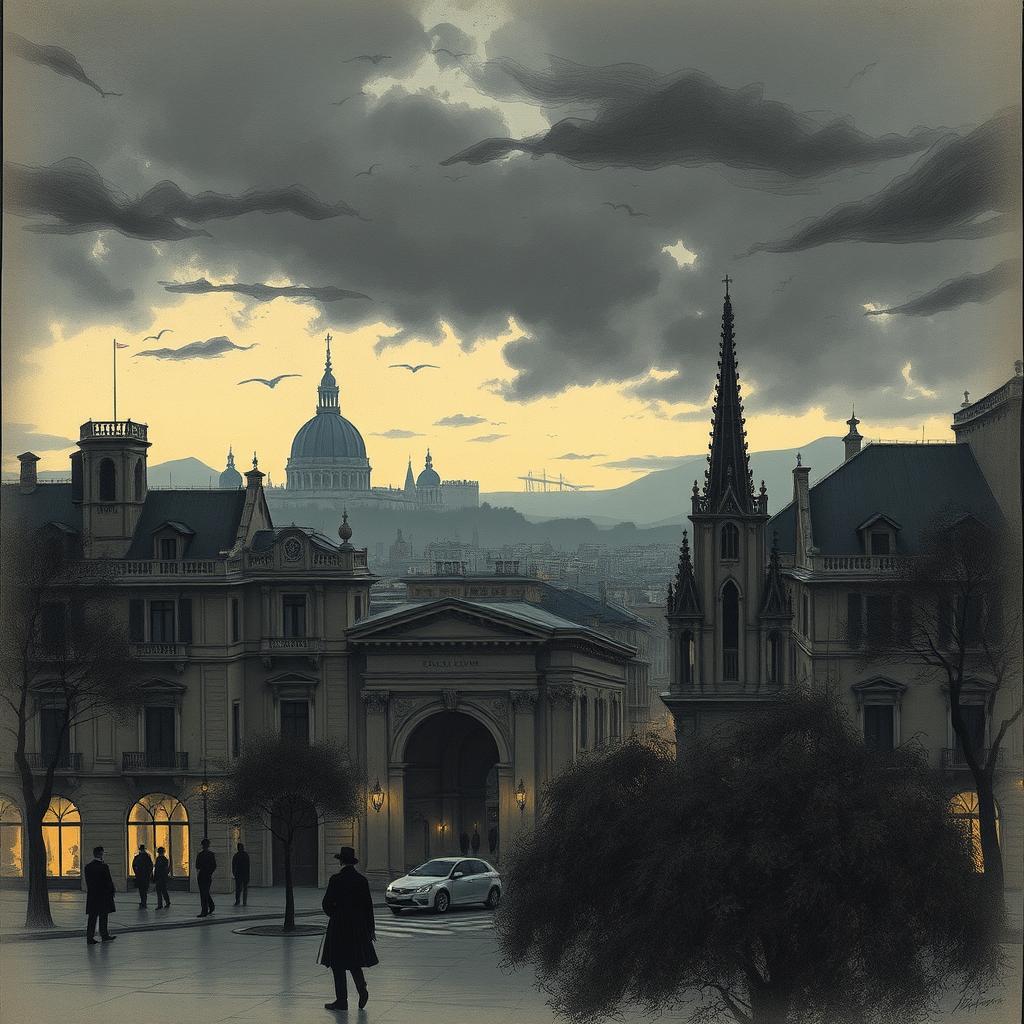 A moody, atmospheric drawing depicting Barcelona in the early 20th century during the evening