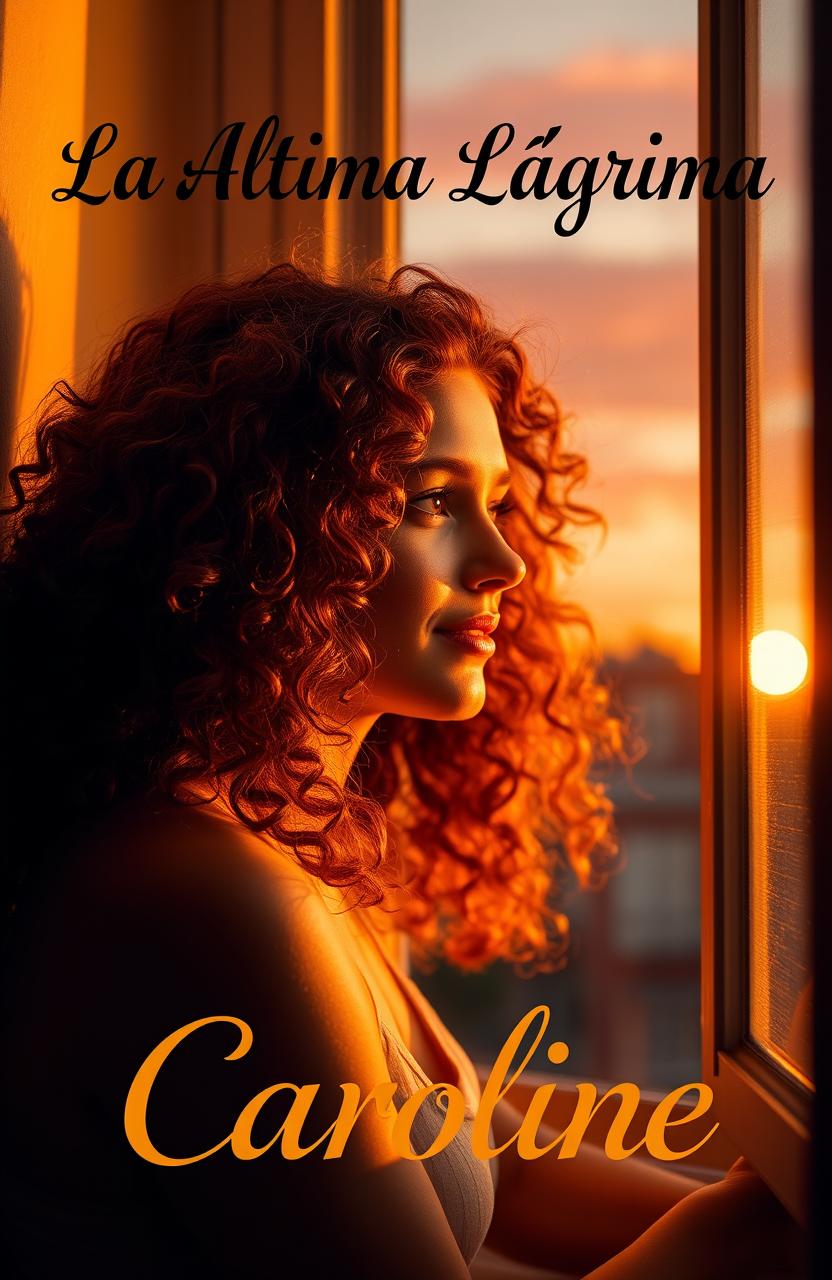 A woman with curly red hair sitting by her window during sunset