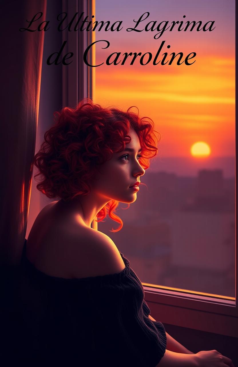 A young woman with vibrant red, curly hair, sitting by a window with tears in her eyes, gazing out at a beautiful sunset