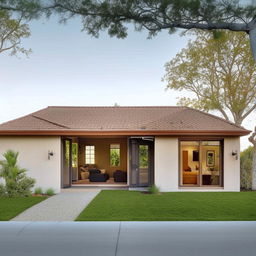 A single-floor small house plan featuring three bedrooms, a kitchen directly connected to the dining room, and a front and back entrance.