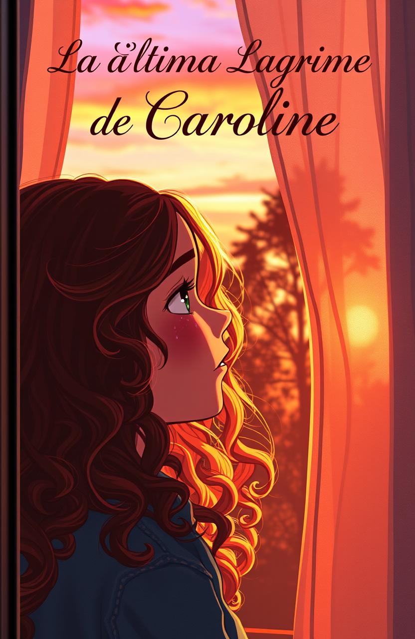 A girl with long, curly red hair crying at her window during sunset, the warm light casting gentle shadows on her face