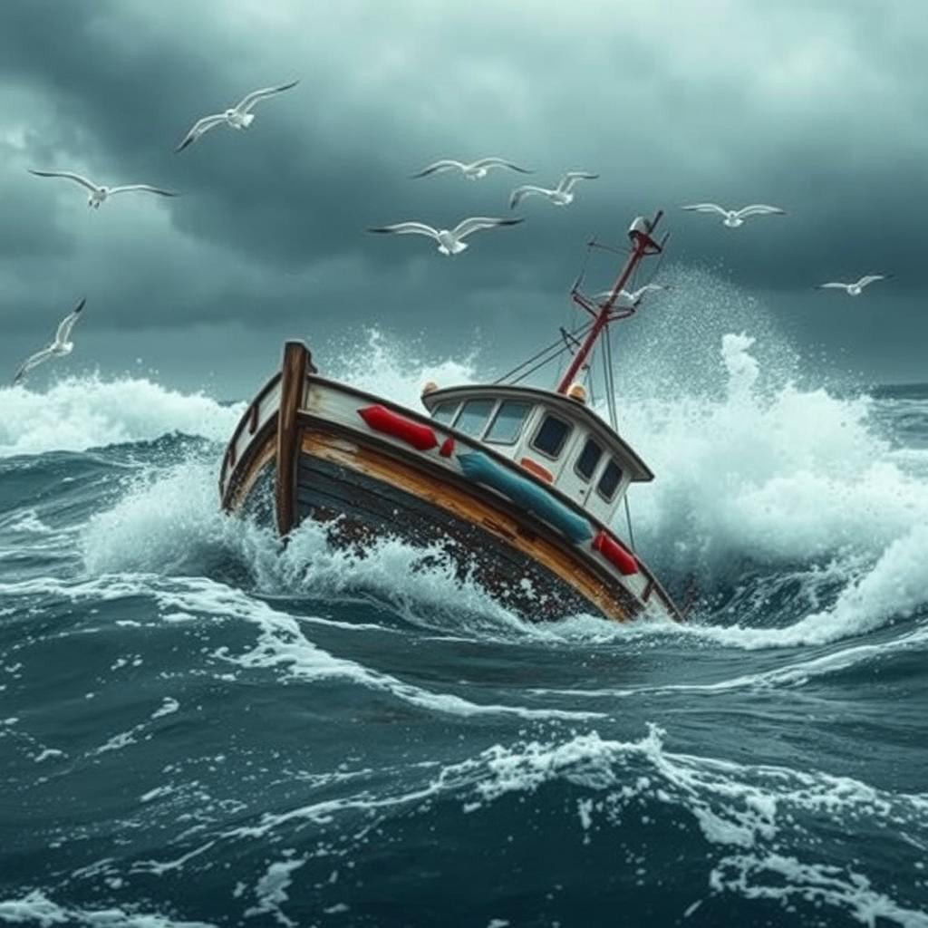 A dramatic scene of a fishing boat sinking in rough seas