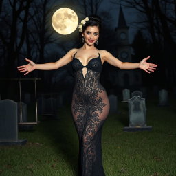 A stunning and sexy young woman with medium breasts and very wide, bulging hips welcomes you with her arms out to her side, presenting a sardonic smile