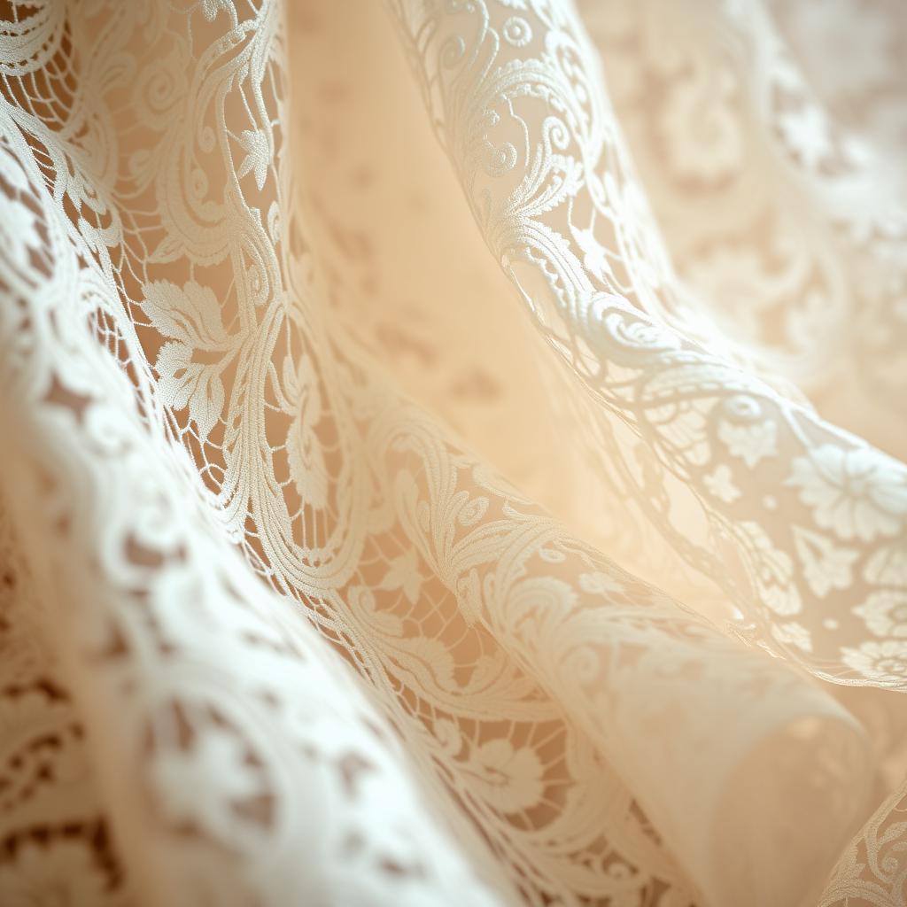 A close-up shot of intricate lace fabric with delicate patterns, showcasing floral and geometric motifs intertwined