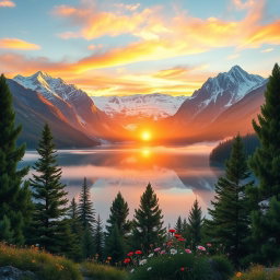 A highly realistic depiction of a serene mountain landscape during sunrise, with vibrant colors reflecting off a serene lake