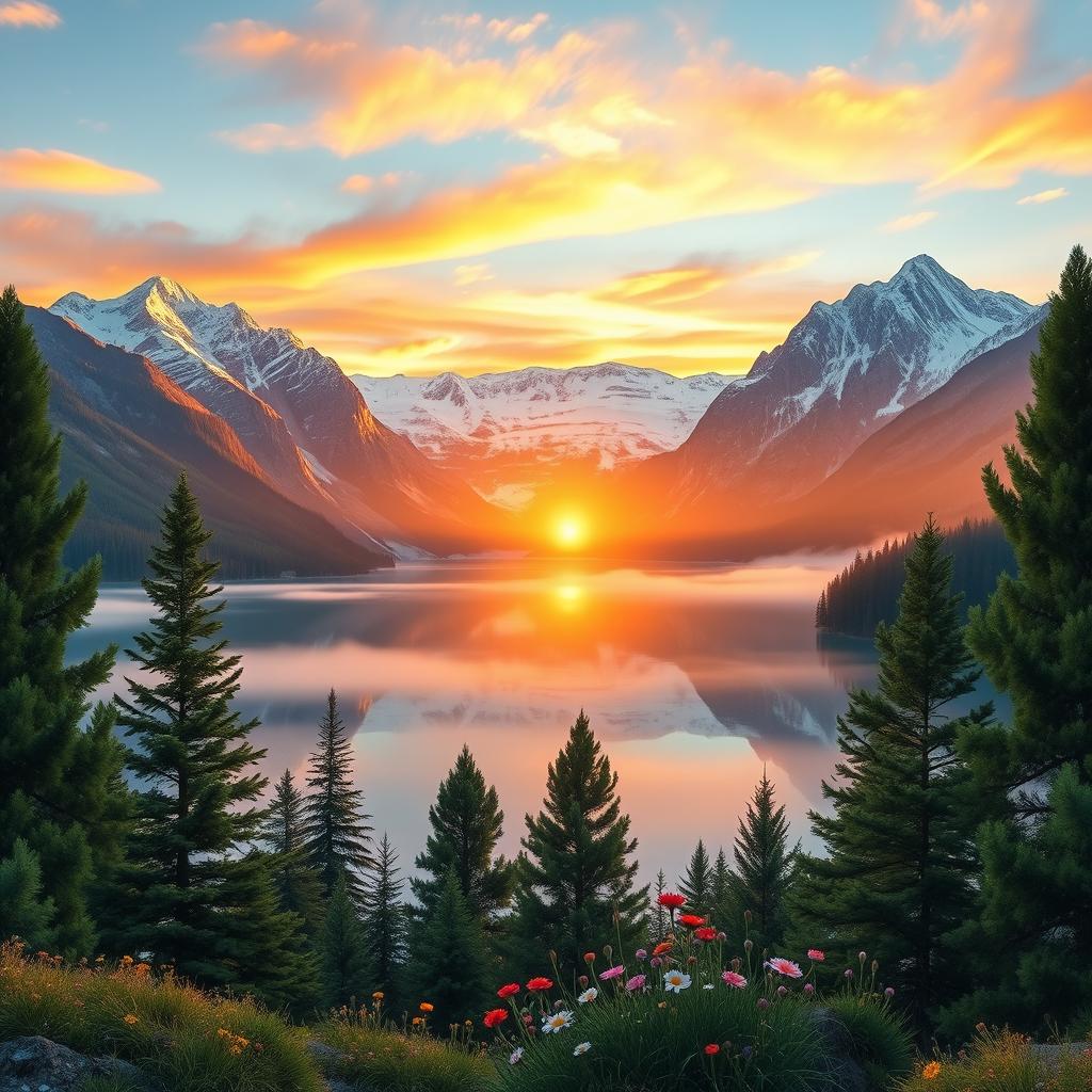 A highly realistic depiction of a serene mountain landscape during sunrise, with vibrant colors reflecting off a serene lake
