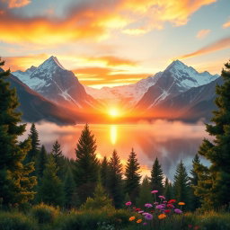 A highly realistic depiction of a serene mountain landscape during sunrise, with vibrant colors reflecting off a serene lake