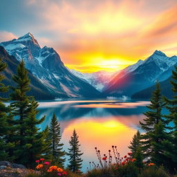 A highly realistic depiction of a serene mountain landscape during sunrise, with vibrant colors reflecting off a serene lake