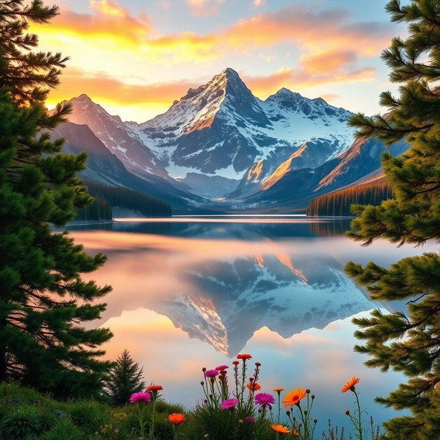 A highly realistic depiction of a serene mountain landscape during sunrise, with vibrant colors reflecting off a serene lake